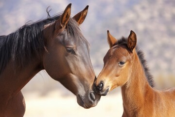 Tender Moment Between Horse and Foal in Natural Setting.