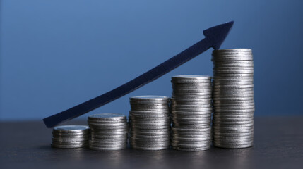 Stack of Coins Representing Financial Growth and Investment Strategy with Arrow Indicator on Blue Background