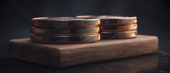 Stack of Shiny Copper Coins on a Wooden Surface Against a Dark Background