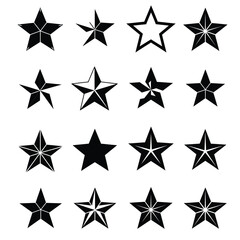 Collection of diverse black star shapes and starbursts in silhouette style isolated on white background