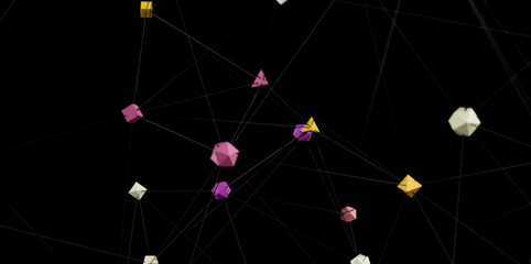 3D rendered image of colorful shapes connected by lines, representing network, technology, or...