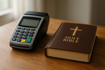 Credit card reader and Holy Bible on wooden table

Modern payment terminal beside sacred scripture

Bible and payment machine side by side concept