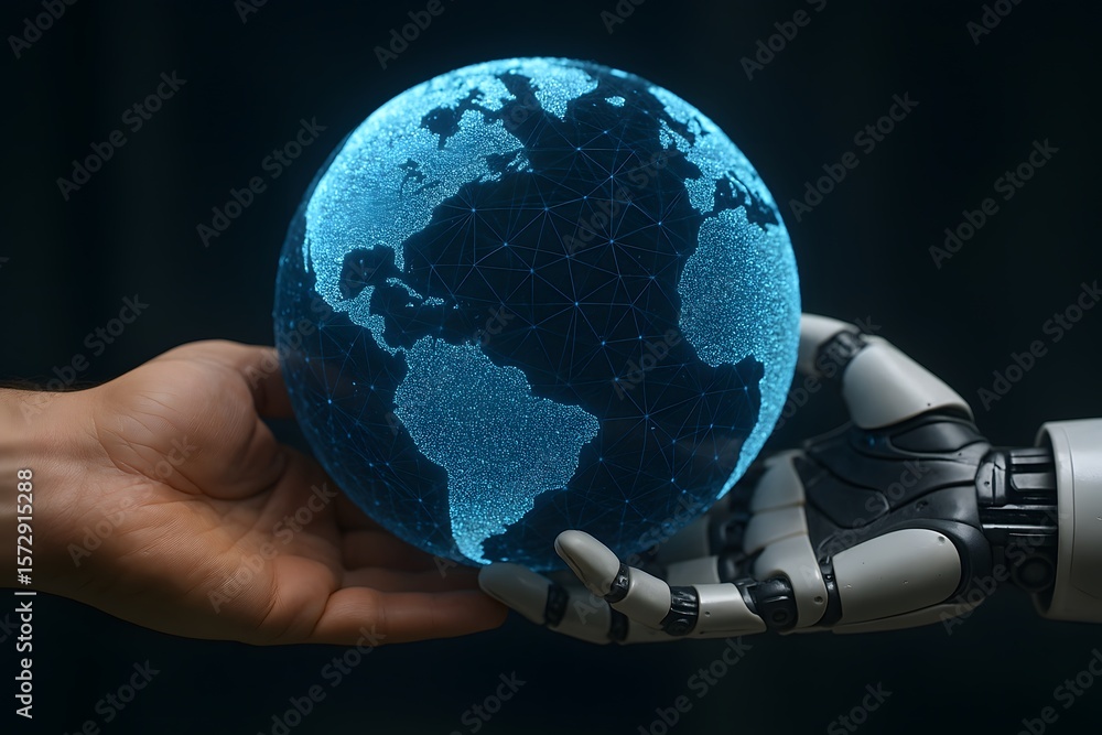 Poster globalization technology artificial intelligence robot hand world network future earth data