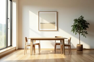 Sunlight streams into a minimalist dining room featuring a light oak dining table and chairs, complemented by a framed landscape artwork and a potted indoor plant.
