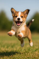 Playful puppy jumping with excitement in grassy field

Energetic Corgi puppy mid-leap on a sunny day