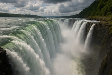 Powerful waterfall plunging into mist under cloudy sky

Aerial view of massive waterfall with roaring flow