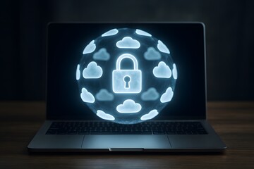 A digital padlock, a visual representation of secure data storage, floating in the form of a globe on the laptop. 