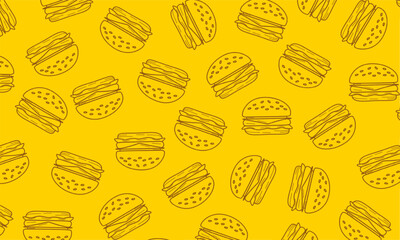 Seamless burger pattern. seamless pattern of hamburger in doodle style. Fast food seamless pattern. Background template for restaurant design
