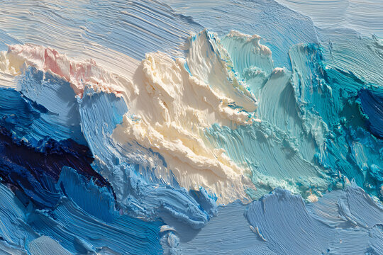 Textura de pintura al &oacute;leo abstracta sobre lienzo. Obra de arte moderna colorida, trazos abstractos de pintura azul y blanca.