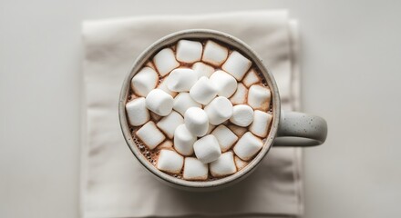 Cup of hot chocolate with floating marshmallows on linen napkin and soft background
