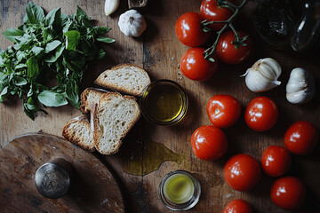 Fresh Tomatoes and Rustic Bread with Herbs and Olive Oil for Mediterranean Bruschetta Preparation