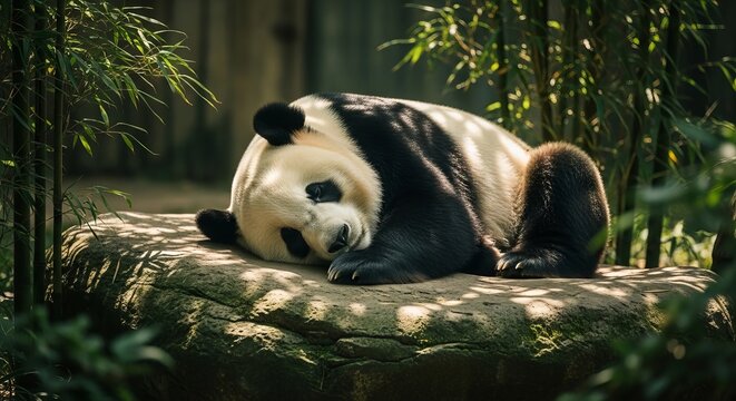 Adorable giant panda bear sleeping on rock.