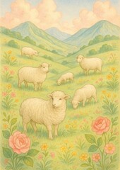 Fototapeta premium Pastoral scene with grazing sheep.