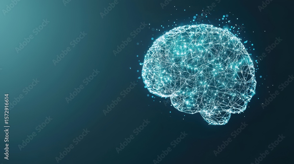 Poster networking digital connection network of interconnected nodes and lines forming a human brain shape,