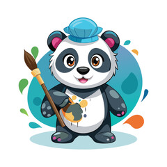 Cute Panda Artist Covered in Colorful Paint Holding Paintbrush and Canvas – Fun Vector Illustration on White Background for Creative and Artistic Design Projects