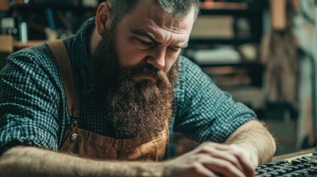 Intense concentration of a bearded man working diligently in his workshop
