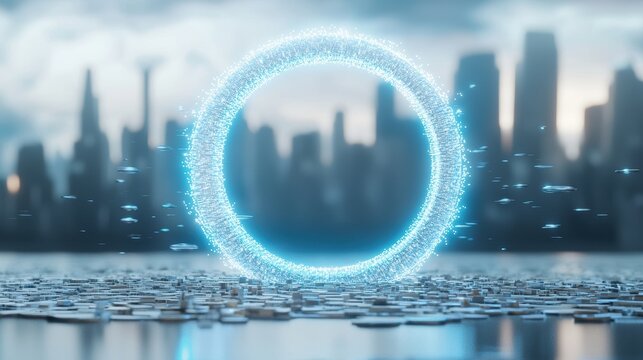 Neon Futuristic Portal Circular neon portal glowing bright blue, futuristic cityscape backdrop with flying vehicles, dark, atmospheric lighting