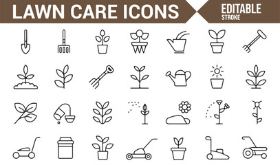 Set of Lawn Care and Gardening Icons for Planting, Watering, and Yard Maintenance

