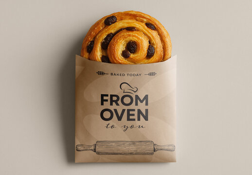 Kraft Bakery Paper Bag Mockup &ndash; Realistic Stage with Pastry Display for Label and Branding Design