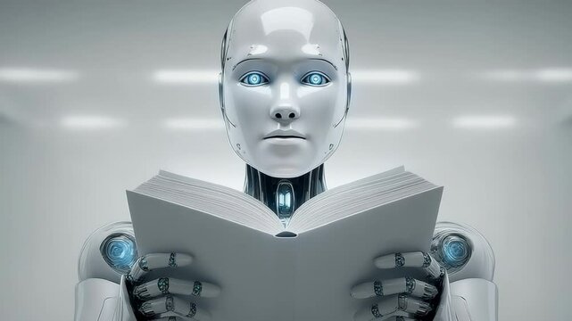 Futuristic concept: a white android robot is learning, reading a printed book He raises his head and looks thoughtfully at the camera Symbol of artificial intelligence learning and access to knowledge