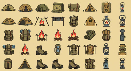 Camping equipment vector illustration set tents backpacks boots lanterns and campfires for outdoor adventures