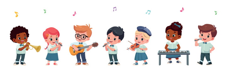 kids playing different musical instruments and singing cartoon vector illustration