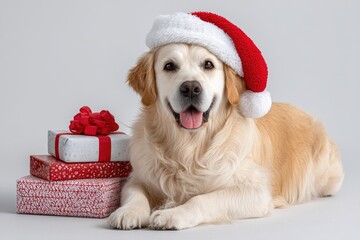 Adorable Golden Retriever Dog Wearing a Santa Hat with Christmas Presents
