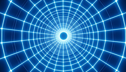 Fototapeta premium Glowing blue sci fi tunnel with electric grid and neural network pattern creating looping perspective with bright light at center