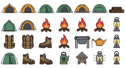 Camping gear essentials vector illustration tents backpacks campfire lanterns and hiking boots clipart set
