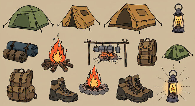 Camping equipment vector illustration of tents backpacks boots fire and lantern for outdoor adventure trip
