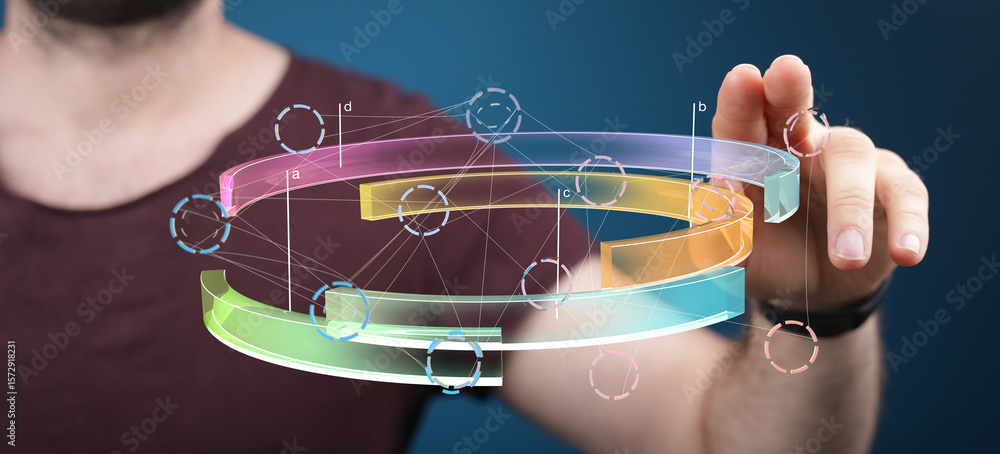 Poster a man interacts with a holographic 3d data visualization, showcasing modern technology and data anal