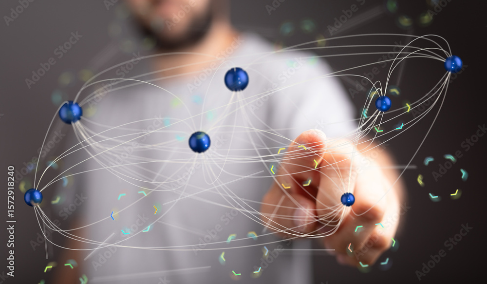 Poster abstract image of a man interacting with a digital network, representing connection, data, and techn