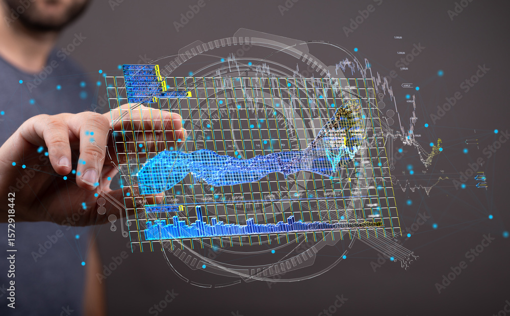 Poster stock photo of a person interacting with a holographic display showing dynamic data charts and graph