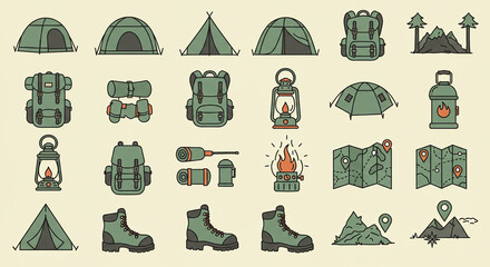 Camping gear vector illustration set tents backpacks maps and lanterns for outdoor adventure travel design