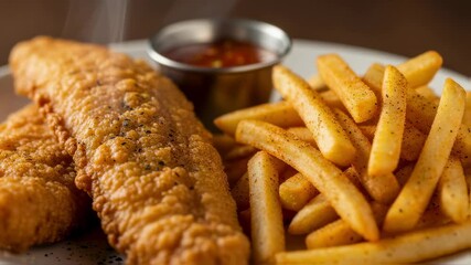 Two steaming pieces of fried fish resting on a plate, accompanied by a generous pile of seasoned french fries and a small ramekin filled with flavorful dipping sauce - Powered by Adobe