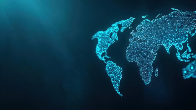 Artificial Intelligence and Machine Learning Abstract world map with neural network patterns and futuristic technology symbols, symbolizing the potential of AI