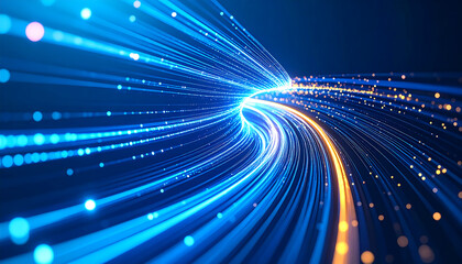Fototapeta premium Digital light trails spiral with glowing blue and orange lines creating dynamic neural network effect in futuristic abstract background