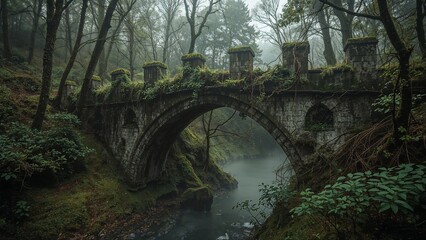 Fototapeta premium An old stone bridge covered in moss spanning a foggy river in a dense and mysterious forest scene