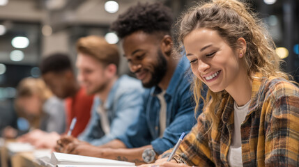 Young adults engaged in group study session at modern workspace during evening hours