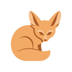 Fototapeta premium A charming cartoon illustration of a fennec fox sitting curled up, showcasing its fluffy tail and large ears against a clean white backdrop