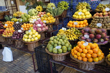 Tropical fruits growing on the island of Madeira in Portugal. Madeira, Portugal.