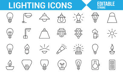 Light Bulb, Lamp, and Lighting Fixtures Icons for Home and Outdoor Lighting