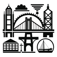 Abstract Black and White Cityscape Silhouette Featuring Buildings a Bridge and a Boat in Circular Frame