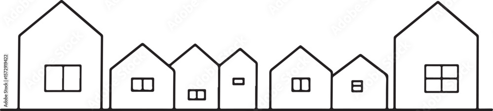 Aufkleber simple line drawing of diverse sized houses in a row with windows on a white background