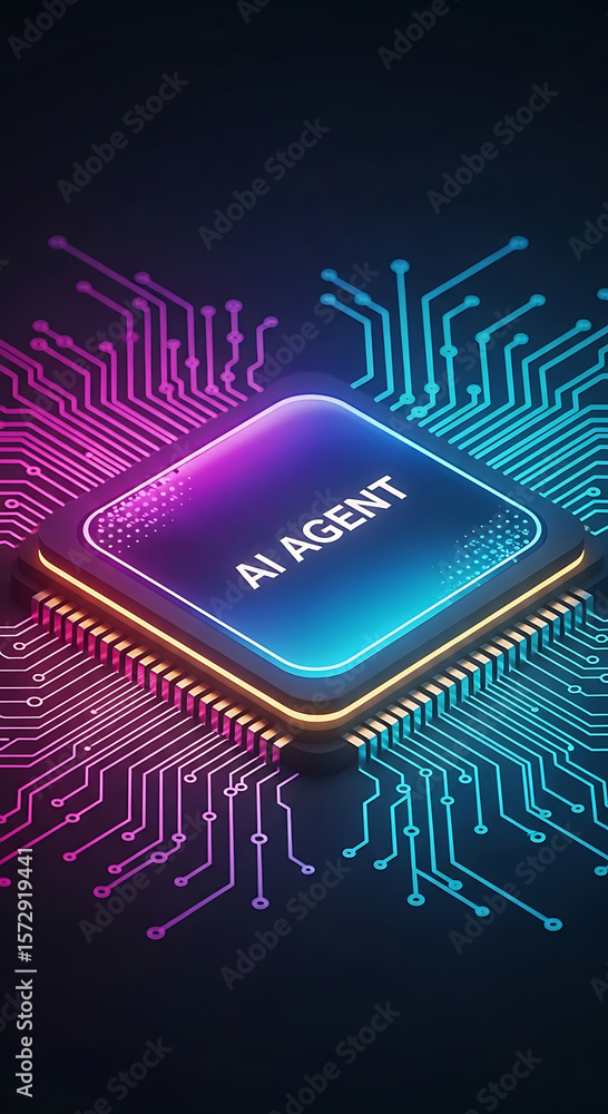 Poster Futuristic representation of artificial intelligence agent centered on computer chip processor