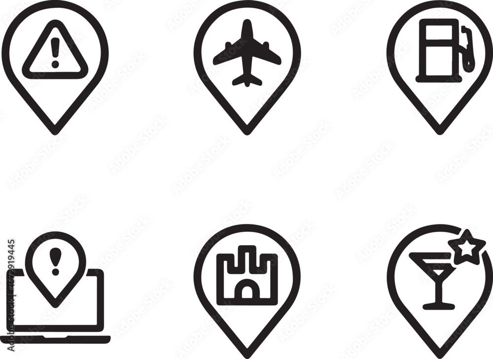 Poster diverse map marker icons representing travel destinations, security, services, and amenities for loc