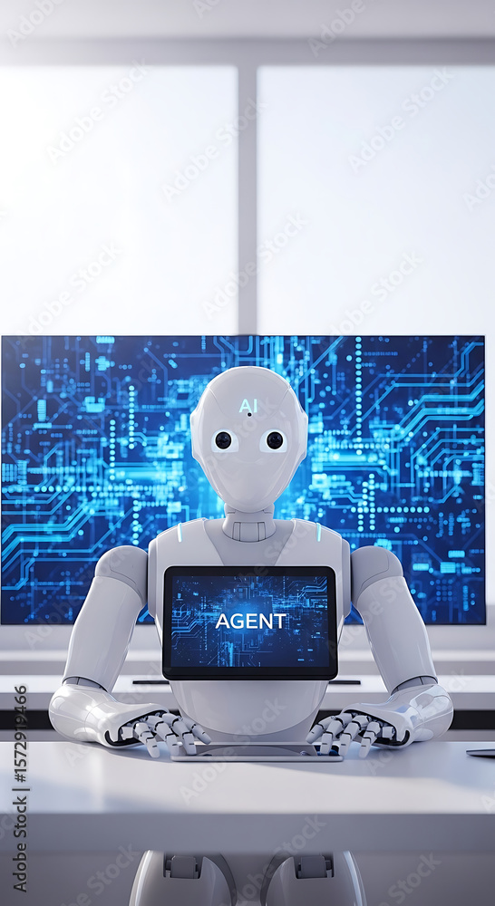 Poster futuristic robot agent with advanced artificial intelligence and circuit board background