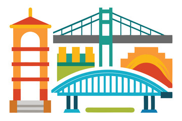 Colorful Cartoon Depiction of City Landmarks and Iconic Structures with Unique Architectural Styles