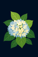 The image features a stylized illustration of a hydrangea flower cluster with soft blue and pale yellow petals. The flower is surrounded by large, vibrant green leaves, set against a dark navy-blue ba
