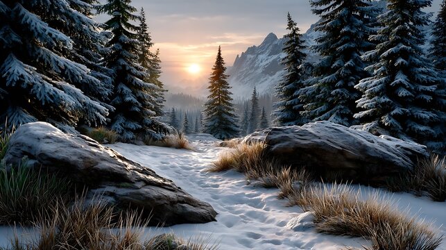 A snow-dusted pine forest lit by the golden glow of a winter sunrise. 8k - Powered by Adobe